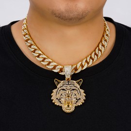 IDRUPACE Miami Mens Cuban Link Chain Silver Gold Plated Bling Cuban Necklace Chain for Men 13MM iced out chain Hip Hop Jewelry，8.5/18/20/24 Inch Length. (Silver Chain+tiger head pendant, 20.0 Inches)