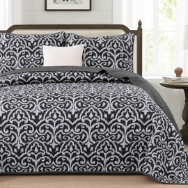 Menghomeus Black Quilt Set Queen Boho Bedspread Coverlet Set 3 Pieces Lightweight Microfiber Bedding Set with 2 Pillow Shams (Queen Size, 96"x90")