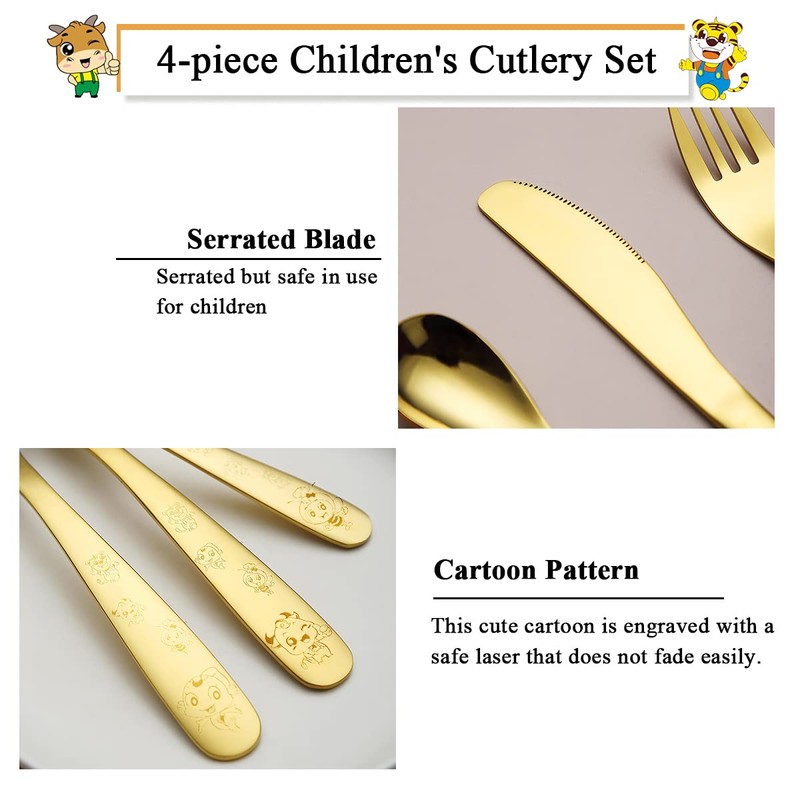 Berglander Gold Toddler Utensils 4 Pieces Golden Titanium Plating Kids