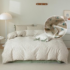 LifeTB Vintage Floral Duvet Cover Set Queen 100% Cotton Green Floral Botanical Duvet Cover Aesthetic Flower Bedding Set Lightweight Soft Cottagecore Comforter Cover with 2 Bowknot Pillowcases