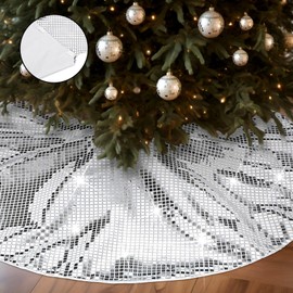 Realspring 36inch Silver Christmas Tree Skirt Disco Xmas Tree Mat Sequin Bling Christmas Tree Skirt for Christmas Tree Decorations Ornaments Festival Holiday Party(36 Inch)
