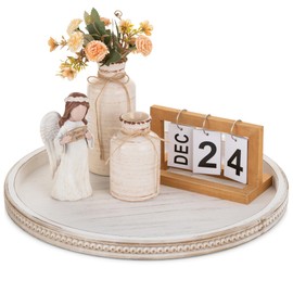 Hanobe Large Round Decorative Tray: White Coffee Table Beaded Tray Rustic Wood Trays Decor Farmhouse Ottoman Circle Tray Vintage Centerpiece Wooden Serving Trays for Living Room Home for Counter