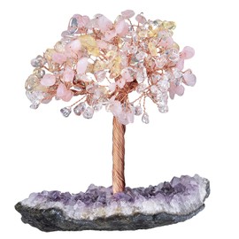 mookaitedecor Natural Rose Quartz & Rock Crystal & Citrine Crystal Tree with Amethyst Cluster Crystal Base Money Tree Figures Feng Shui Desk Decoration Meditation Table Room Decor