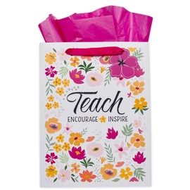 Christian Art Gifts Large Portrait Inspirational Scripture Gift Bag, Tag & Wrapping Tissue Paper Set for Teachers & Women: Teach, Encourage, Inspire Bible Verse, White, Pink, Orange Multicolor Floral