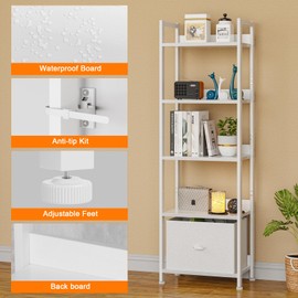 Furologee Furologee 5 Tier Bookshelf with Drawer, Tall Narrow Bookcase with Shelves, Wood and Metal Book Shelf Storage Organizer, Modern Display Standing Shelf Unit for Bedroom, Living Room, Office, White