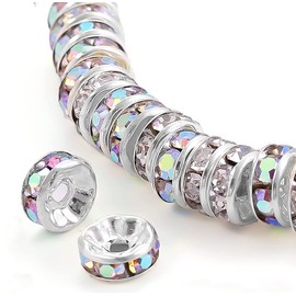 200Pcs 8mm Rondelle Spacer Beads Silver Plated AB Color Crystal Rhinestone for Jewelry Making Loose Beads for Bracelets