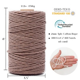 GANXXET Mink Color Macrame Cotton Cord 2mm 3 ply Recycled | 3 Strands x 480 Feet / 160 Yards | Cord for DIY Macrame and Crafts, Wall Hangings, Plant Hangers, Coasters