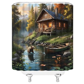 WANVYON Rustic Bear Shower Curtain Cabin Lodge Wild Animal Mountain Forest Country Nature Landscape Bathroom Decor Polyester Curtains with Hooks