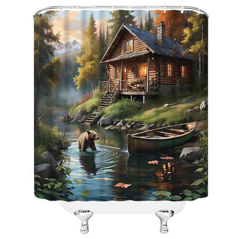 WANVYON Rustic Bear Shower Curtain Cabin Lodge Wild Animal Mountain