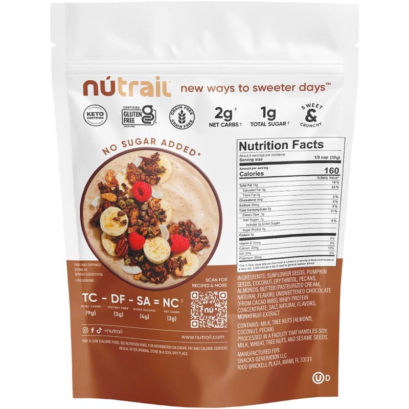 NuTrail Nut Granola Cereal, Dark Chocolate, No Sugar Added, Keto,