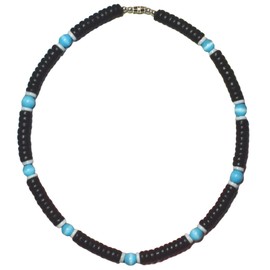 Native Treasure - 18" Black Coco, Blue Cat-Eye, White Heishe Puka Shell Necklace - 8mm (5/16")