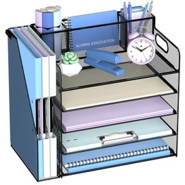SUPEASY Organizador de papel de 5 niveles para escritorio con 3 soportes para bolígrafos y soporte para revistas, bandeja de papel para cartas, organi