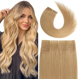 Tape in Brazilian Human Hair Extensions 100% Remy Human Hair Glue in Extensions Balayage Seamless Silky Straight Skin Weft Hair(20Inch #27 Dark Blonde 20pcs 50g)