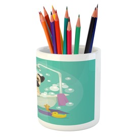 Lunarable Cartoon Pencil Pen Holder, Pug Dog in Bathtub Grooming Salon Service Shampoo Rubber Duck Pets in Style Image, Ceramic Pencil Holder for Desk Office Accessory, 3.6" X 3.2", Teal