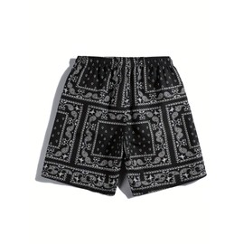 NDUAAC Men's Boho Paisley Scarf Print Shorts Drawstring Waist Tribal Pocket Summer Shorts Black S