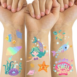 Mermaid Glitter Temporary Tattoos for Kids Gift, 4 Sheets Bronzing Fake Tattoos，80+ Metallic Styles | Birthday Party Supplies, Sea Creatures Favors, Ocean Animal Design Tattoos for Boy and Girls