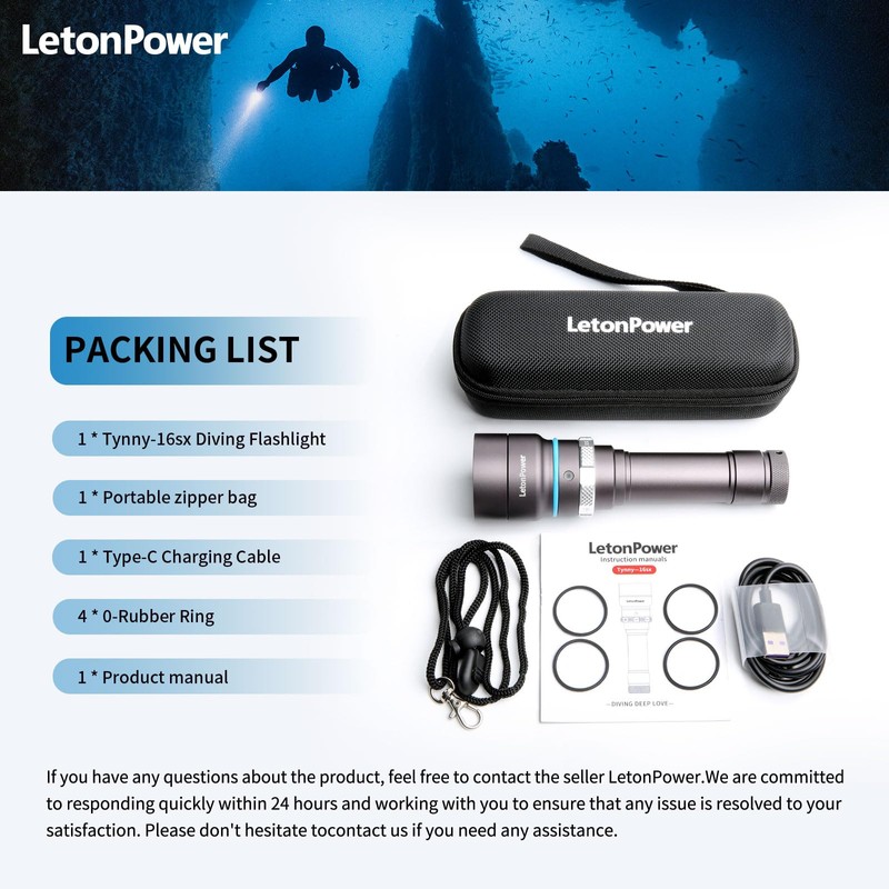 LetonPower Tynny-16sx 2000 Lumens Dive Lights Scuba Diving, 5 Modes