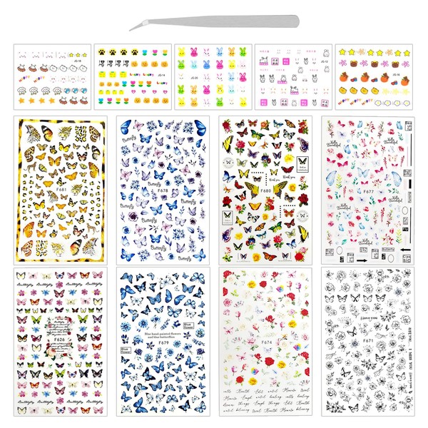 8 Stücke Blumenschmetterling Nagelflecken, 5 Stück Leuchtende Nagelflecken Und 1