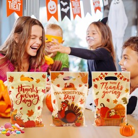 Thanksgiving Gift Bags Party Favors - 50 Pcs Thanksgiving Goodie Bags for kids Happy Thanksgivings Treat Bags Maple Leaves Pumpkin Turkey Goody Candy Bag for Friendsgiving Fall Autumn Party Supplies