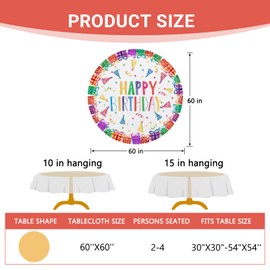 Livcoz Happy Birthday Round Tablecloth 60 x 60 Inches, Colorful Birthday Hat Gifts Decorative Dining Table Cloth, Rainbow Polka Dots Dinner Tablecover Picnic Party Decoration