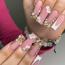 Long Press on Nails Square Flower Fake Nails with Gold Rhinestone Designs White French Tip Artificial Stick on Nails Spring Glue on Nails Acrylic Nails for Women and Girls Manicure Kit 24Pcs