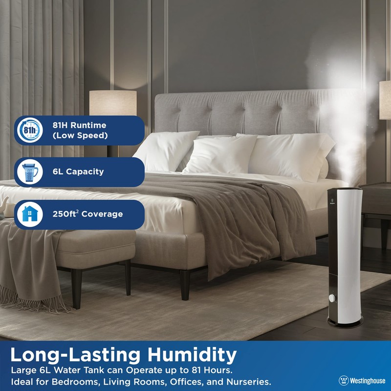 Westinghouse 28-inch Cool Mist Ultrasonic Tower Humidifier, 6L Top Fill
