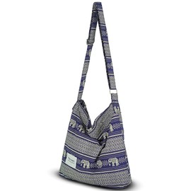 Hobo Crossbody Bag for Women Large Cotton Tote Shoulder Purse Adjustable Strap Boho Messenger Work Travel Bag (Blue Elephant)