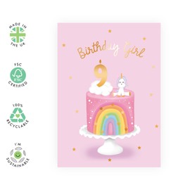 Central 23 Ninth Birthday Card for Girls - Happy 9th Birthday Card - Age 9 - Nine Year Old - Rainbow Cloud and Unicorn Card for Kids Daughter - Granddaughter - Comes With Fun Stickers