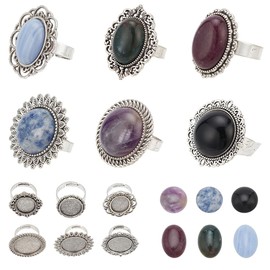 SUNNYCLUE 6 Stück Cabochon Fassungen Ringe Lünette Ringrohlinge Naturstein Cabochon Vintage Stil Verstellbare Ringrohlinge Heilende Energie Flache Rückseite Edelstein Cabochons Für Schmuckherstellungs