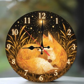 Lancholy Golden Fox Sleeping Wall Clock Night Sky Grass Decor 10-Inch Wooden Wall Clock, Silent Movement, Battery Operated (AA Batteries Not Included), Artistic Home Decor, Perfect for Home Accents