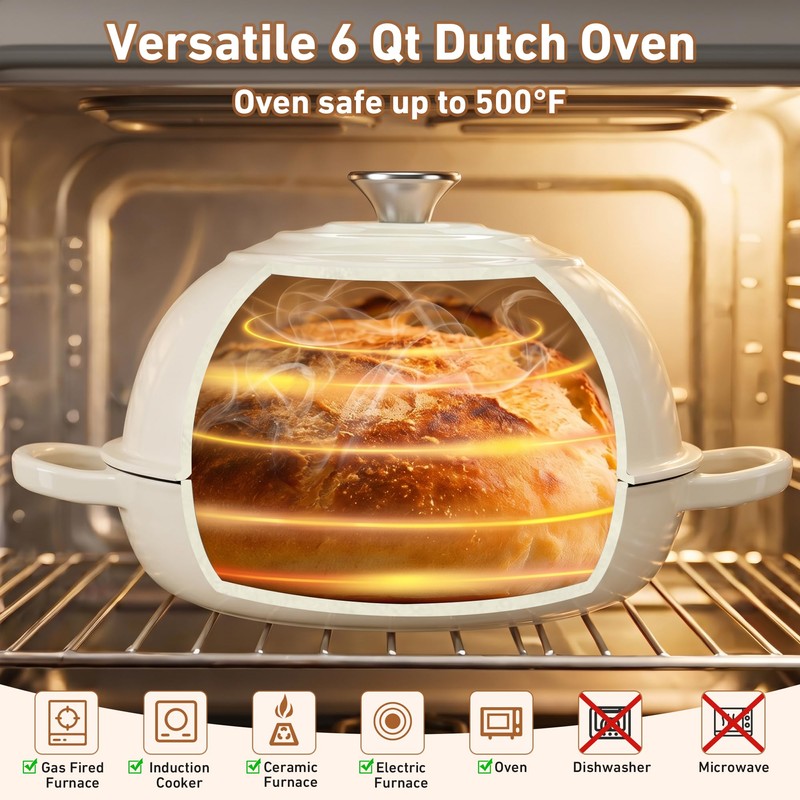Cast Iron Dutch Oven with Lid, 6 Quart Enameled Bread