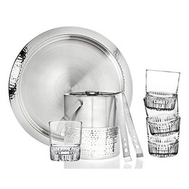 Godinger Bar Set Stainless Steel Hammered and Glass with Ice Bucket – 4 Glasses - Tong - 7 pc Set