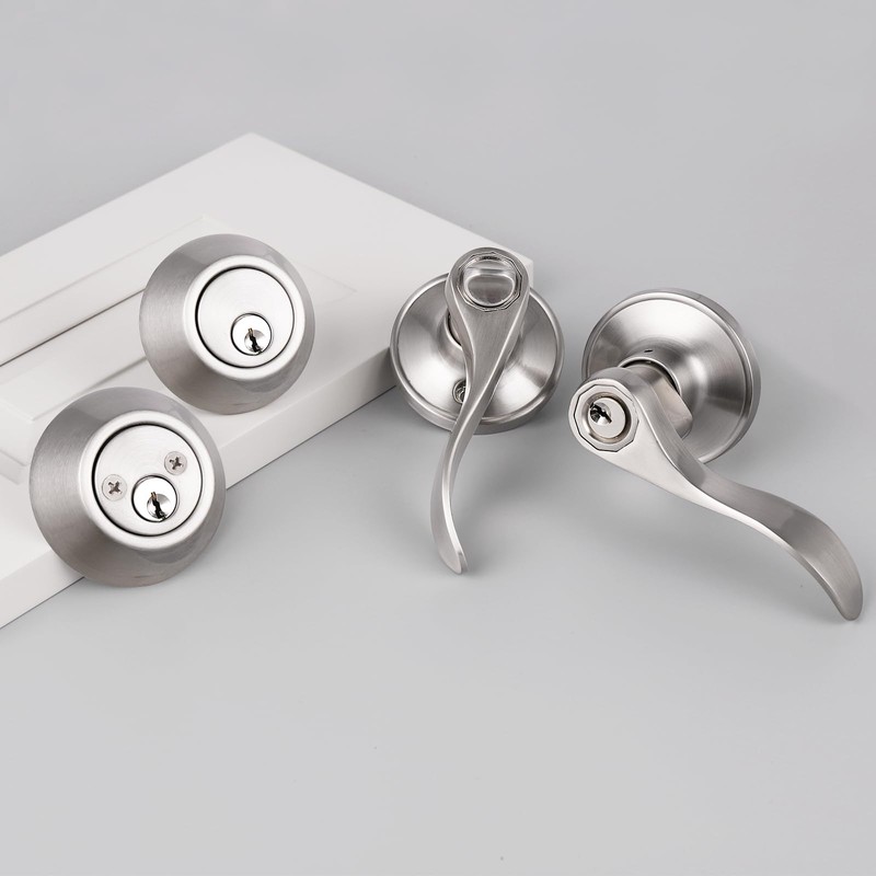 Probrico Door Handle and Double Cylinder Deadbolt Set,Satin Nickel Reverisble