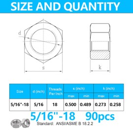 80pcs 5/16"-18 Hex Nuts, 304(A2-70) Stainless Steel Hardware Nuts, SAE Hex Machine Screw Nuts