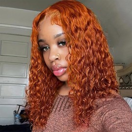RUI MEI SI Ginger Orange Glueless Wigs Human Hair Pre Plucked Pre Cut 350# Curly Wigs Human Hair for Beginners 4x4 Deep Wave Lace Closure Glueless Wigs for Black Women 16 Inch
