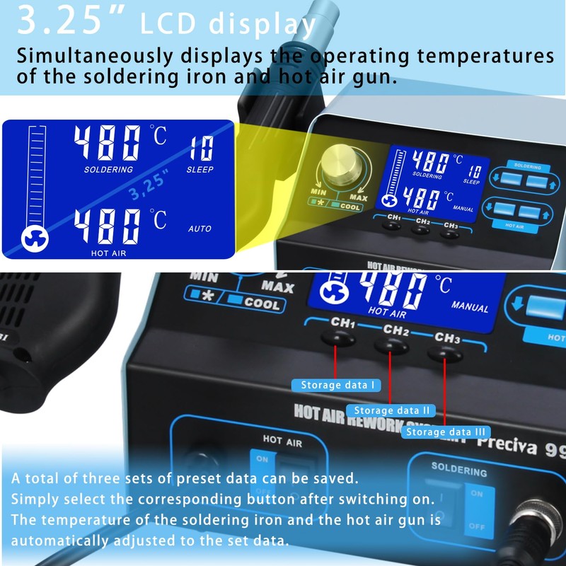 Preciva 992D+ 2-in-1 Soldering & Hot Air Rework Station with