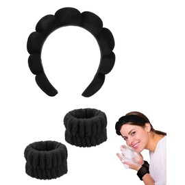 TPZORJX Schwamm Stirnband Armband Sets zum Waschen von Gesicht Make-up Stirnbänder für Frauen Mädchen Hautpflege Entfernung Spa Yoga Sport Dusche Kopfband Frottee Handtuch Stoff Haarband - Schwarz