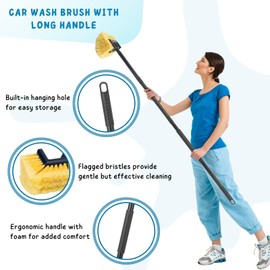 KeFanta Car Wash Brush with Long Handle, 58.5'' Soft Bristle Cleaning Tool for Truck Exterior, RV, Boat, Solar Panel, Deck Washing, 2 Wax Applicator Pads Included