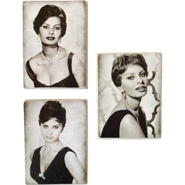 KUSTOM ART Set of 3 Magnets (Magnets) Actor Series Sofia Loren Vintage from the Collection Print on Wood 10 x 6 cm