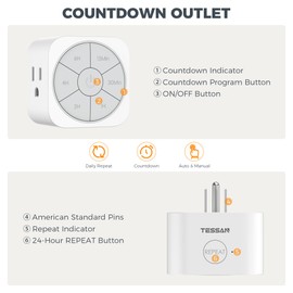 1 Pack Timer Outlet Indoor, Countdown Timers for Electrical Outlets Up to 6H for Lights, Iron, Fan, Electric Bike, Auto Shut Off Switch for Home Kitchen Bedroom, 1875W