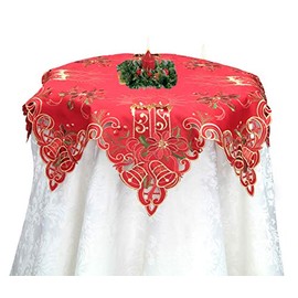 Creative Linens Holiday Christmas Embroidered Poinsettia Candle Bell Tablecloth 33" Star Red Gold Topper Centerpiece