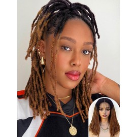 FANCEE Full Lace Short Faux Locs Wig with Baby Hair Pre Plucked Knotless Square Part Straight Pencil Size Dreadlock Soft Locs Full Double Lace Wig for Black Women Natural Hairstyle Ombre Brown