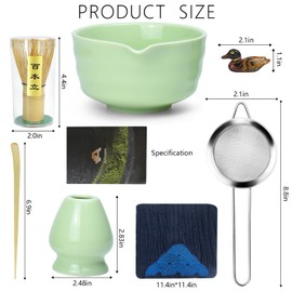 Artcome 7-Piece Matcha Tea Set - Complete Japanese Ceremony Kit with Bowl, Whisk, Scoop, Strainer & Guide, Green