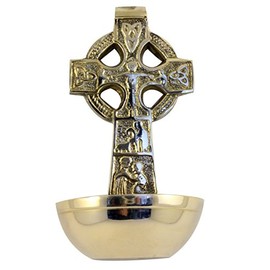 Liffey Artefacts Brass Irish Celtic Cross With Resurrection Holy Water Font