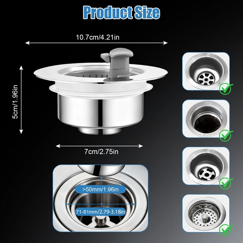 Sink Drain Strainer - Sink Stopper Drain, 3 in 1
