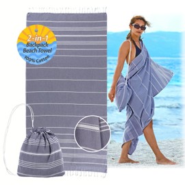 CalmyBEACH 2-in-1 Hammam Towel Backpack Beach Towel Bath Towel - 100% Cotton Hamam Beach Towel 180 x 90 cm Cotton Towel for Men and Women Yoga Towel Travel Towel (Blue)