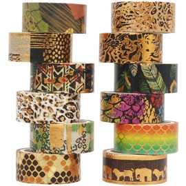 YUBX Gold Wilderness Washi Tape Set 12 Rolls Masking Tape Foil Decorative Tape Colourful for DIY Crafts Bullet Journals Planner Scrapbooking Packaging (Wilderness 12)