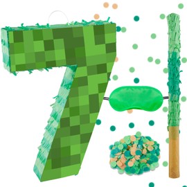 16 Inch Pixel Number 7 Pinata, Birthday Pinata with 16 Inch Piñata Stick Blindfold Confetti for Kids 7th Birthday Party Decorations(7th)