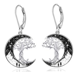 Tree of Life Earrings for Women 925 Sterling Silver Dangle Leverback Earrings Black Crescent Moon Family Tree Jewelry Gifts for Her