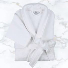 Superior Waffle Weave Cotton Unisex Bathrobe with Belt, Soft and Absorbent Robe for Men and Women, Bath Essentials, Long, Plush, Fluffy Robes for Shower, Spa, Resort, Honeycomb Solid, Small, White